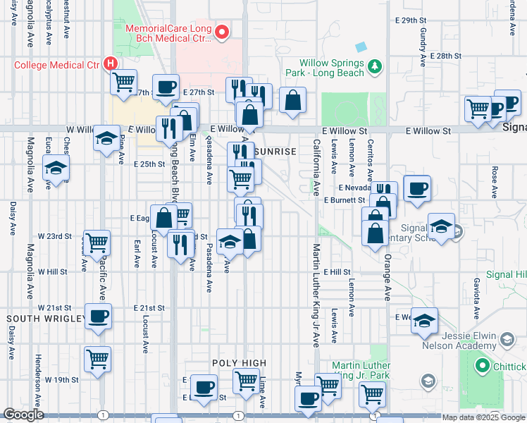 map of restaurants, bars, coffee shops, grocery stores, and more near 2370 Lime Avenue in Long Beach