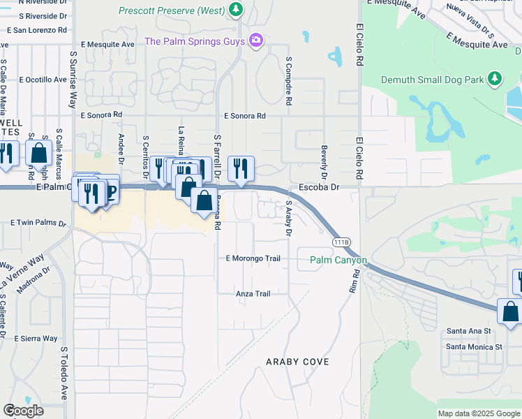 map of restaurants, bars, coffee shops, grocery stores, and more near 1792 Pintura Circle West in Palm Springs
