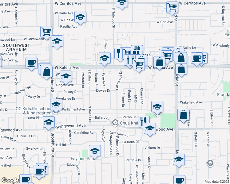 map of restaurants, bars, coffee shops, grocery stores, and more near 11242 Palmwood Drive in Garden Grove