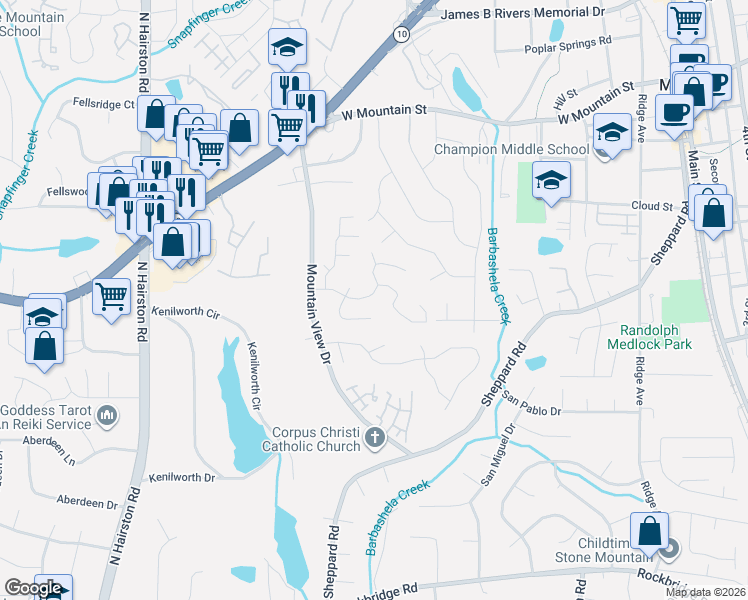 map of restaurants, bars, coffee shops, grocery stores, and more near 744 Brittany Court in Stone Mountain
