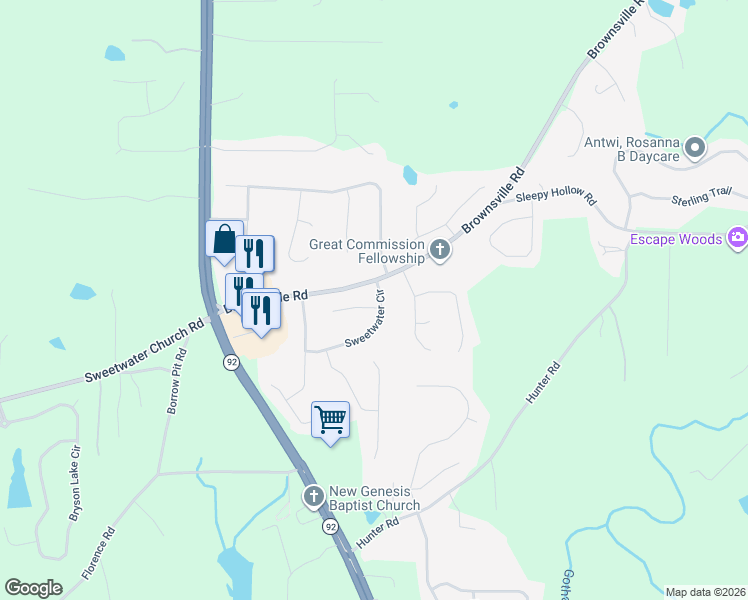 map of restaurants, bars, coffee shops, grocery stores, and more near 14 Sweetwater Pl in Powder Springs