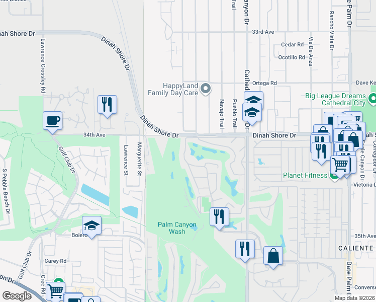 map of restaurants, bars, coffee shops, grocery stores, and more near 67960 7 Oaks Drive in Cathedral City