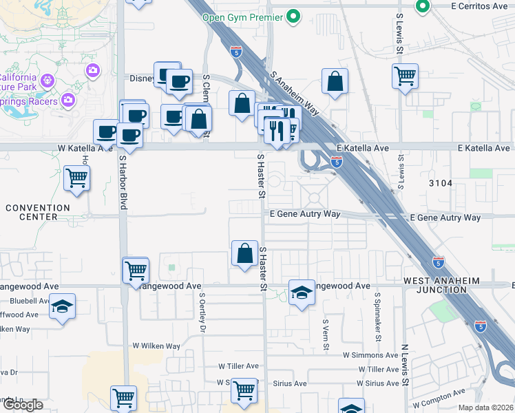 map of restaurants, bars, coffee shops, grocery stores, and more near 1911 South Haster Street in Anaheim