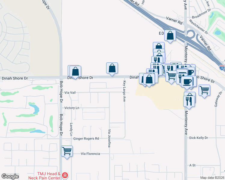 map of restaurants, bars, coffee shops, grocery stores, and more near 72425 Vía Vail in Rancho Mirage
