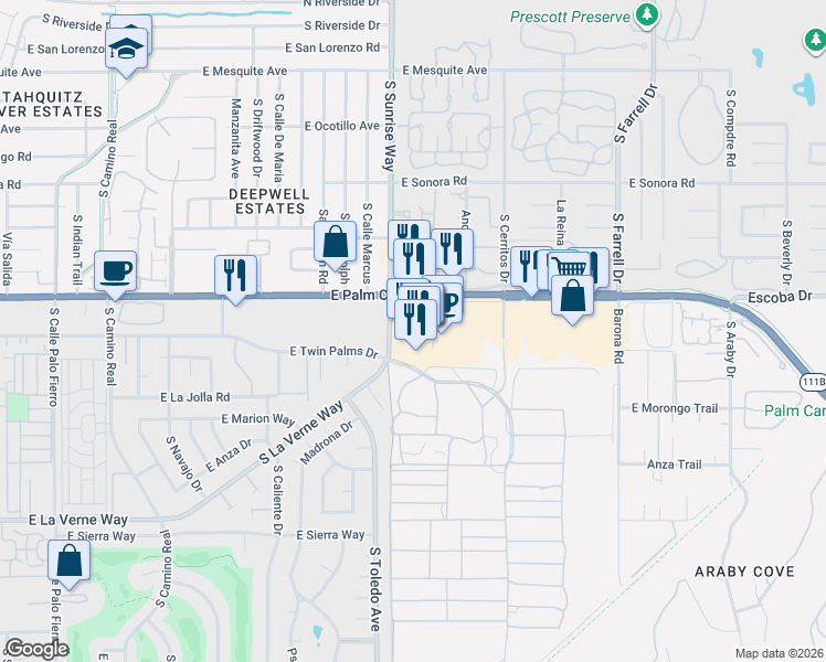 map of restaurants, bars, coffee shops, grocery stores, and more near 1775 South Palm Canyon Drive in Palm Springs