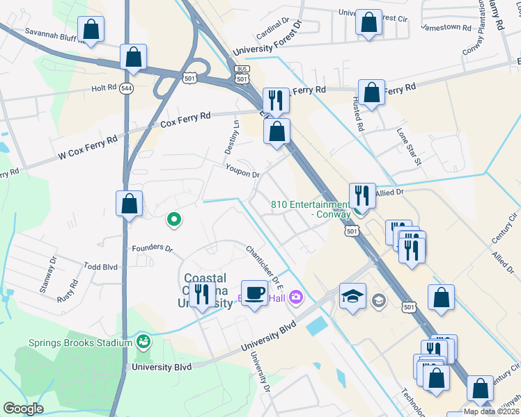map of restaurants, bars, coffee shops, grocery stores, and more near 120 Township Circle in Conway