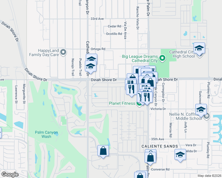 map of restaurants, bars, coffee shops, grocery stores, and more near 162 Hilligoss Drive in Cathedral City