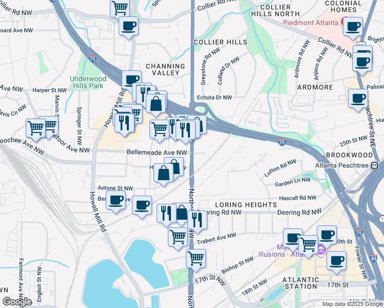 map of restaurants, bars, coffee shops, grocery stores, and more near Northside Dr NW & Bellemeade Ave NW in Atlanta