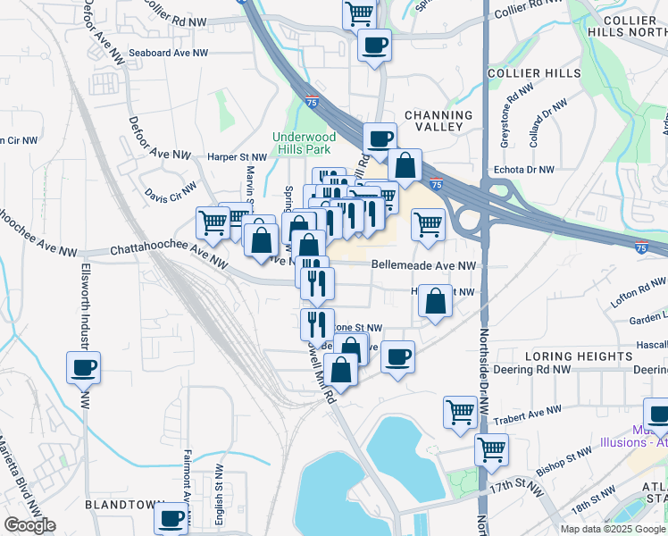 map of restaurants, bars, coffee shops, grocery stores, and more near 814 Bellemeade Avenue Northwest in Atlanta