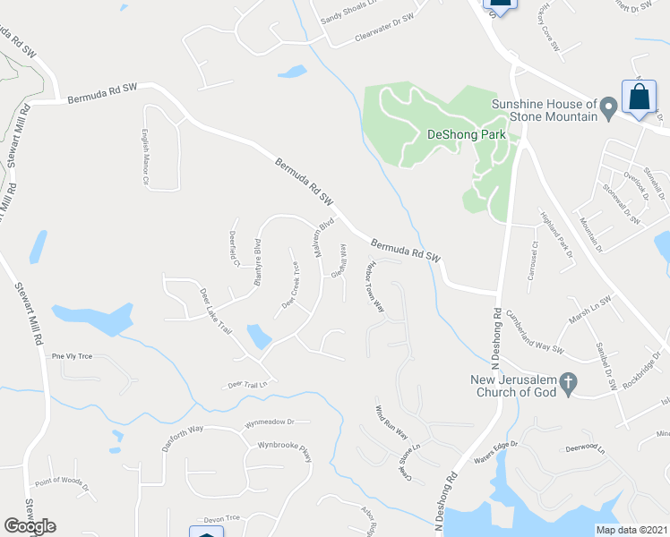map of restaurants, bars, coffee shops, grocery stores, and more near 6842 Gledhill Way in Stone Mountain