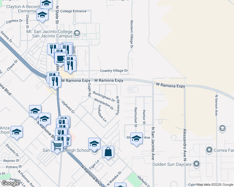 map of restaurants, bars, coffee shops, grocery stores, and more near 881 Sussex Road North in San Jacinto