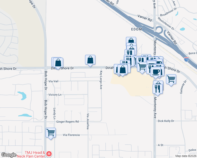 map of restaurants, bars, coffee shops, grocery stores, and more near 102 Clearwater Way in Rancho Mirage