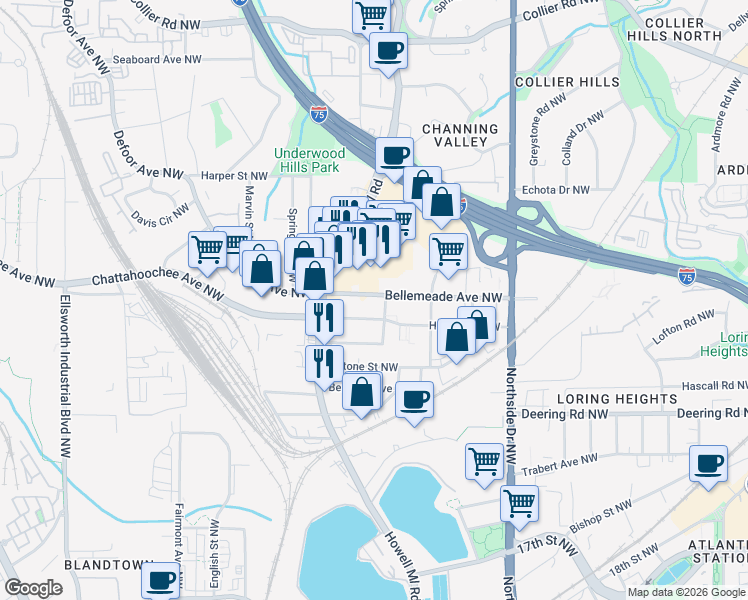 map of restaurants, bars, coffee shops, grocery stores, and more near 782 Holmes Street Northwest in Atlanta