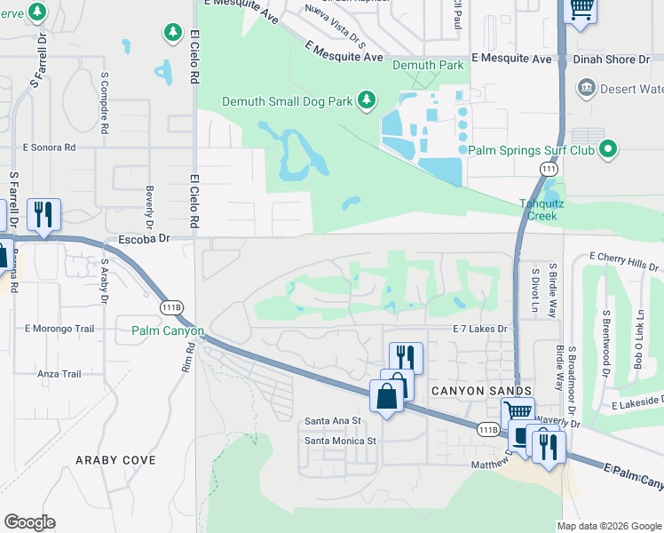 map of restaurants, bars, coffee shops, grocery stores, and more near 177 Westlake Drive in Palm Springs