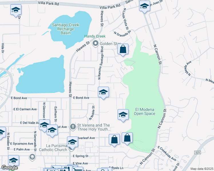 map of restaurants, bars, coffee shops, grocery stores, and more near 773 North Hidden Trail in Orange