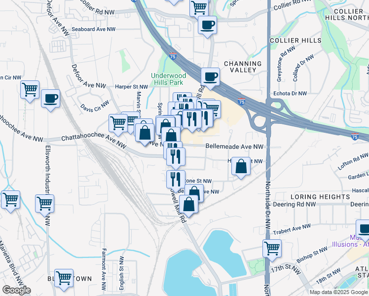 map of restaurants, bars, coffee shops, grocery stores, and more near 1667 Howell Mill Road Northwest in Atlanta