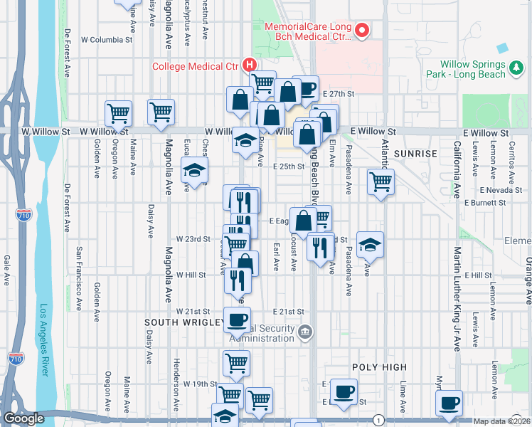 map of restaurants, bars, coffee shops, grocery stores, and more near 2370 Pine Avenue in Long Beach
