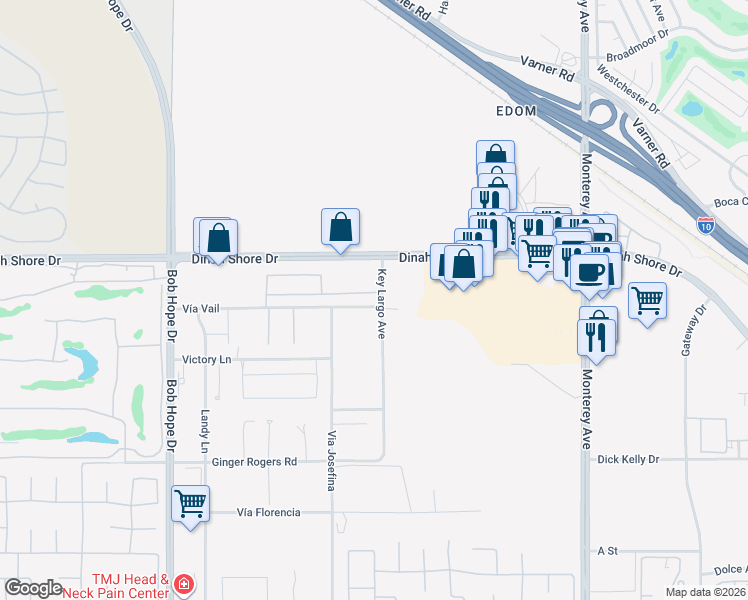 map of restaurants, bars, coffee shops, grocery stores, and more near 34100 Key Largo Avenue in Rancho Mirage