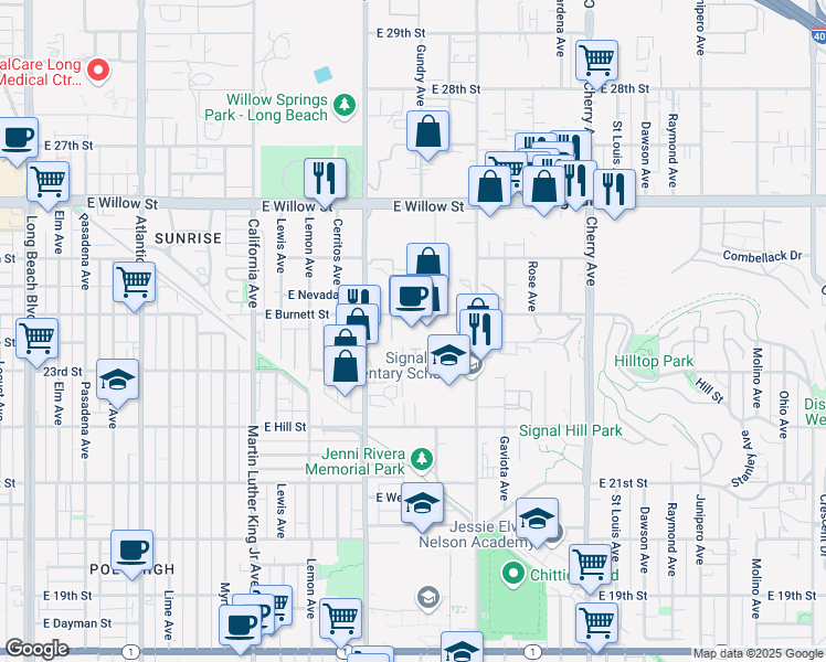 map of restaurants, bars, coffee shops, grocery stores, and more near 1377 23rd Street in Signal Hill