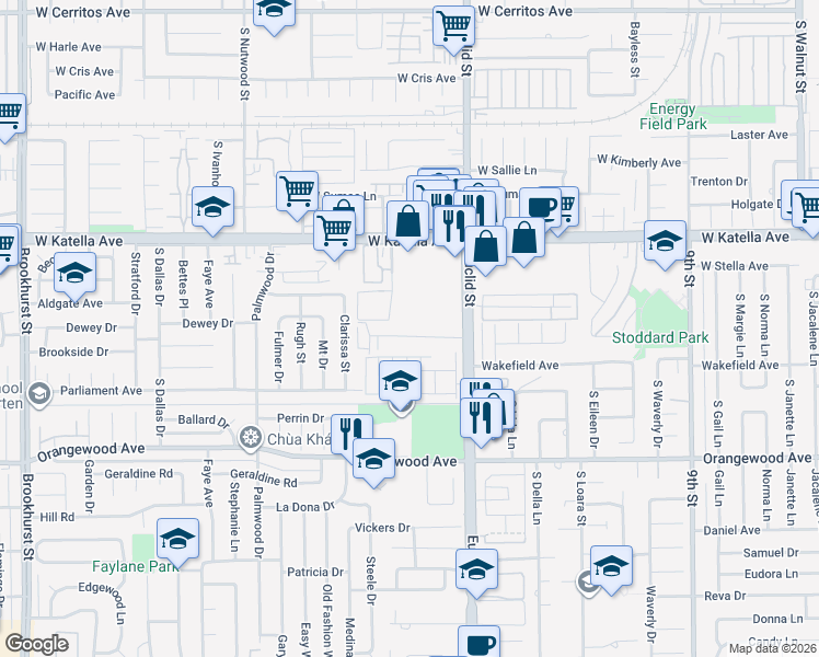 map of restaurants, bars, coffee shops, grocery stores, and more near 10872 Palma Vista Avenue in Garden Grove