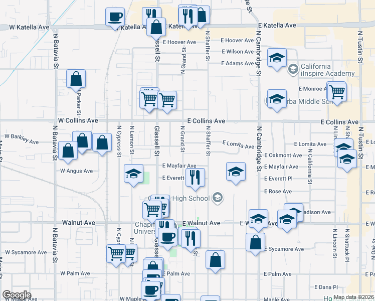 map of restaurants, bars, coffee shops, grocery stores, and more near 315 East Oakmont Avenue in Orange