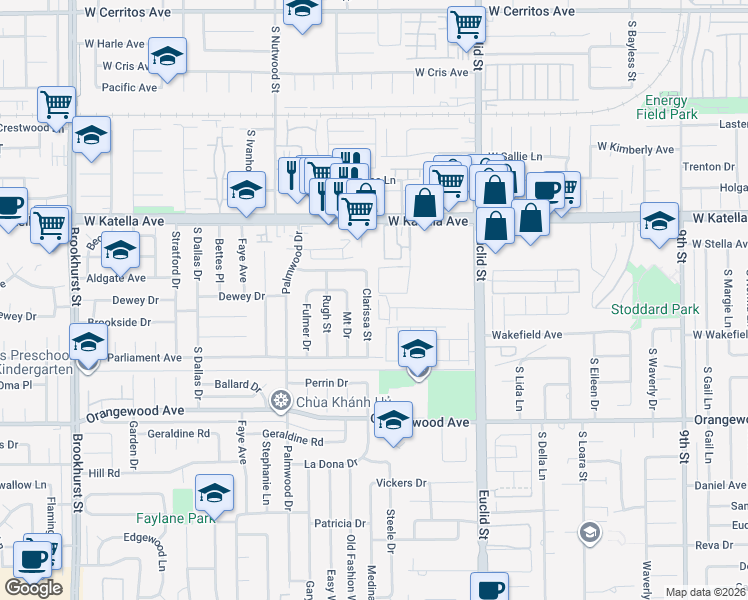 map of restaurants, bars, coffee shops, grocery stores, and more near 11131 Clarissa Street in Garden Grove