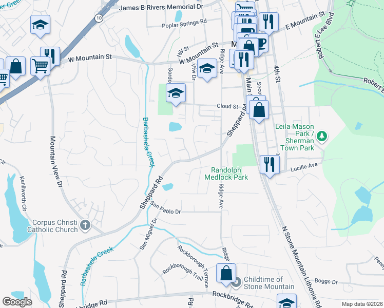map of restaurants, bars, coffee shops, grocery stores, and more near 854 Sheppard Road in Stone Mountain