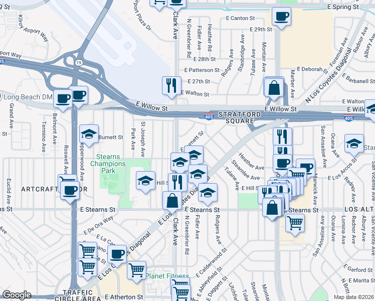 map of restaurants, bars, coffee shops, grocery stores, and more near 5130 East Burnett Street in Long Beach