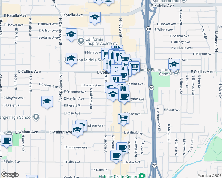 map of restaurants, bars, coffee shops, grocery stores, and more near 786 North Shattuck Place in Orange