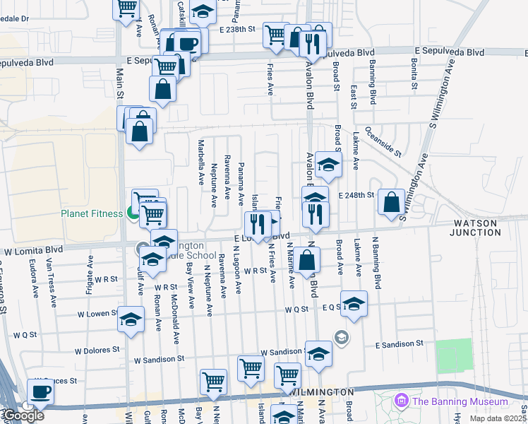 map of restaurants, bars, coffee shops, grocery stores, and more near 450 East 248th Street in Carson