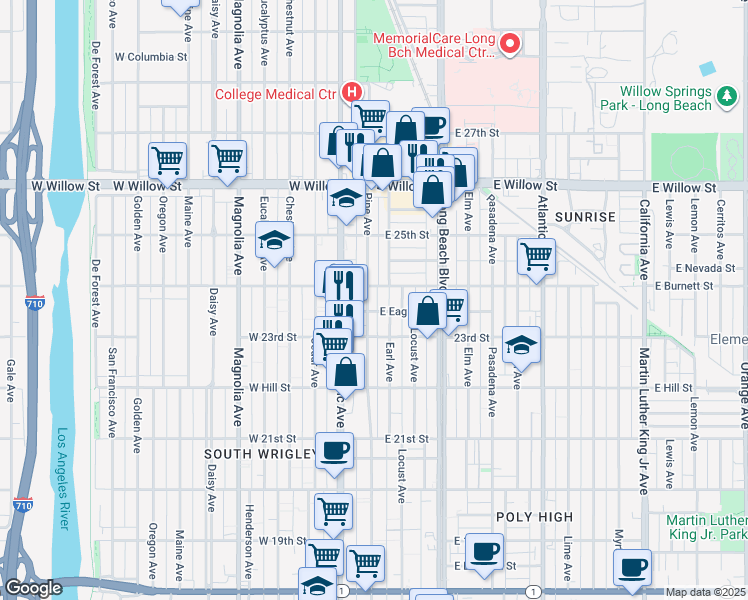 map of restaurants, bars, coffee shops, grocery stores, and more near 2410 Pine Avenue in Long Beach
