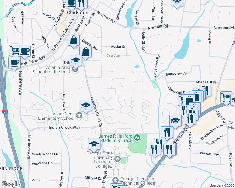 map of restaurants, bars, coffee shops, grocery stores, and more near 3800 Market Walk in Clarkston