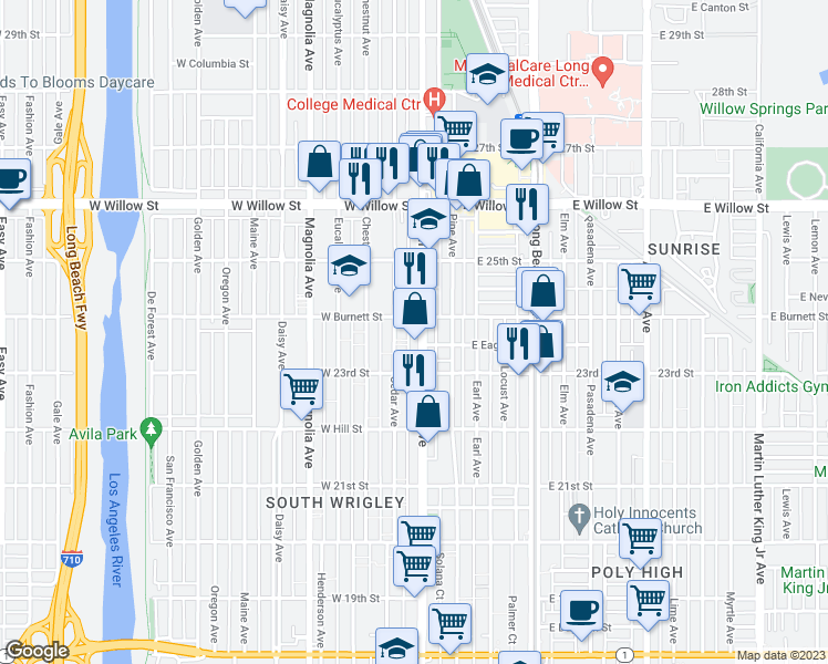map of restaurants, bars, coffee shops, grocery stores, and more near 2 Pacific Drive in Long Beach