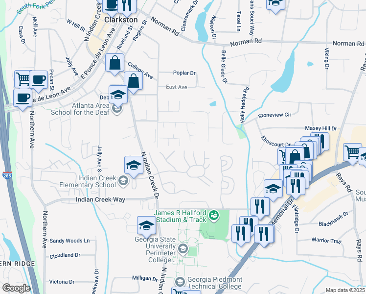 map of restaurants, bars, coffee shops, grocery stores, and more near 794 Ridgeland Trail in Clarkston