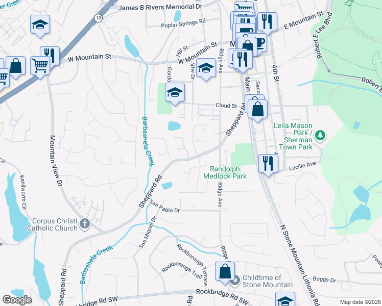 map of restaurants, bars, coffee shops, grocery stores, and more near 502 Mountain Springs Drive in Stone Mountain