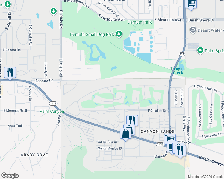 map of restaurants, bars, coffee shops, grocery stores, and more near 187 Westlake Drive in Palm Springs