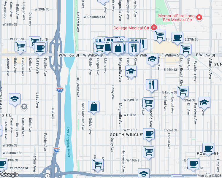 map of restaurants, bars, coffee shops, grocery stores, and more near 2385 Daisy Avenue in Long Beach