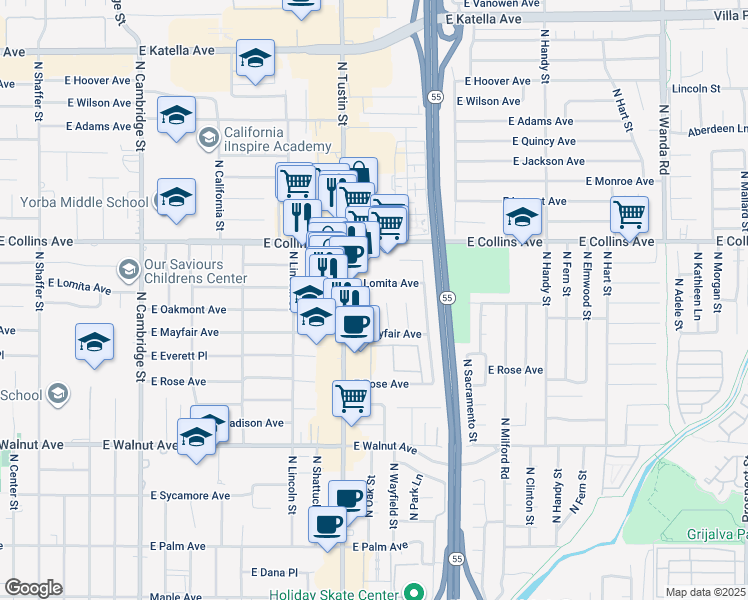 map of restaurants, bars, coffee shops, grocery stores, and more near 785 North Victoria Drive in Orange