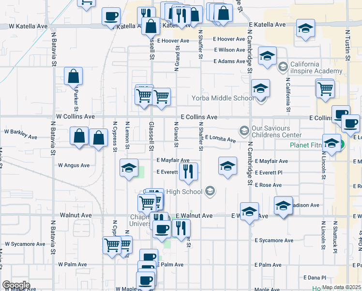 map of restaurants, bars, coffee shops, grocery stores, and more near 315 East Oakmont Avenue in Orange