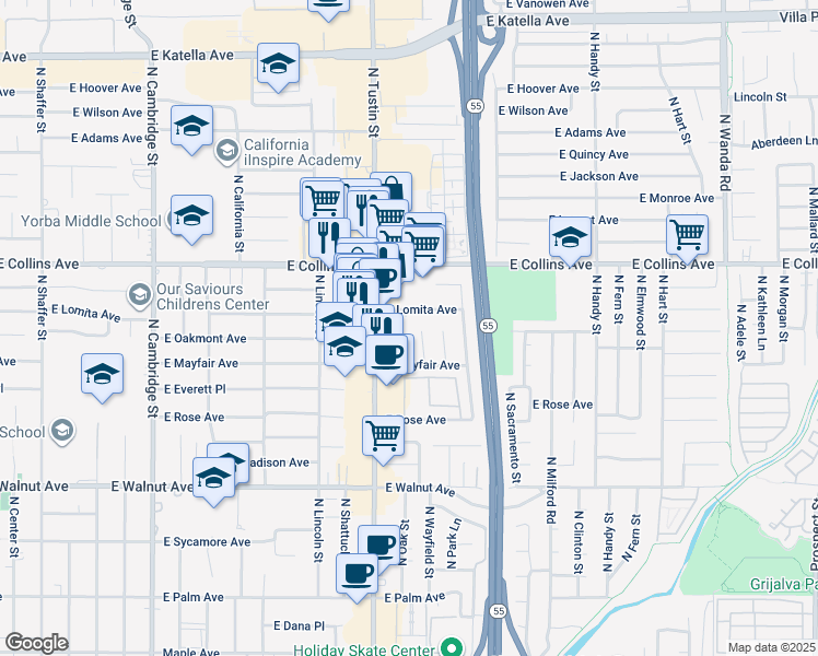 map of restaurants, bars, coffee shops, grocery stores, and more near 785 North Victoria Drive in Orange