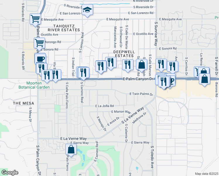 map of restaurants, bars, coffee shops, grocery stores, and more near 1111 East Palm Canyon Drive in Palm Springs