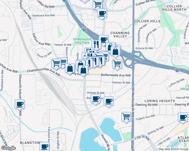 map of restaurants, bars, coffee shops, grocery stores, and more near 796 Bellemeade Avenue Northwest in Atlanta