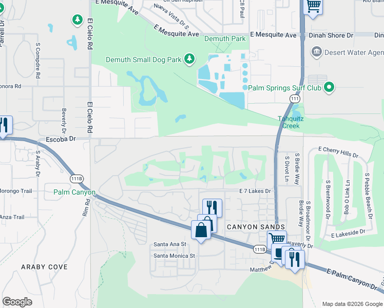 map of restaurants, bars, coffee shops, grocery stores, and more near 207 Desert Lakes Drive in Palm Springs