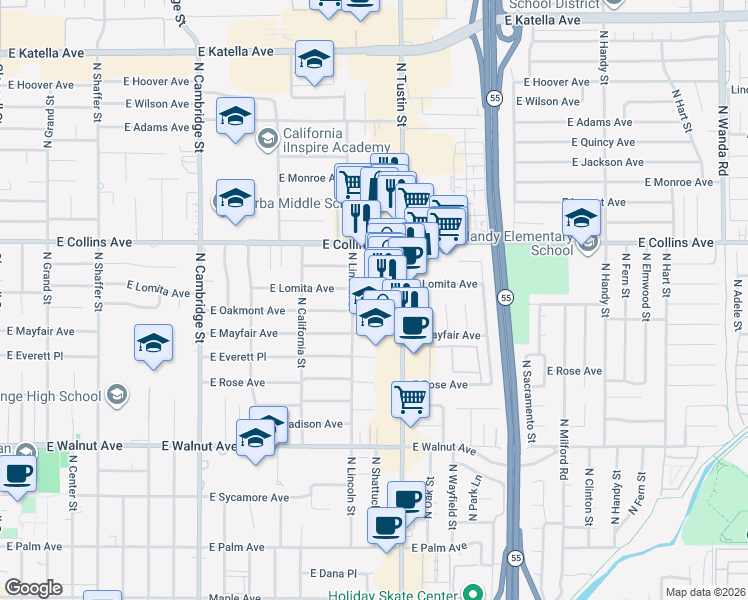 map of restaurants, bars, coffee shops, grocery stores, and more near 784 North Shattuck Place in Orange