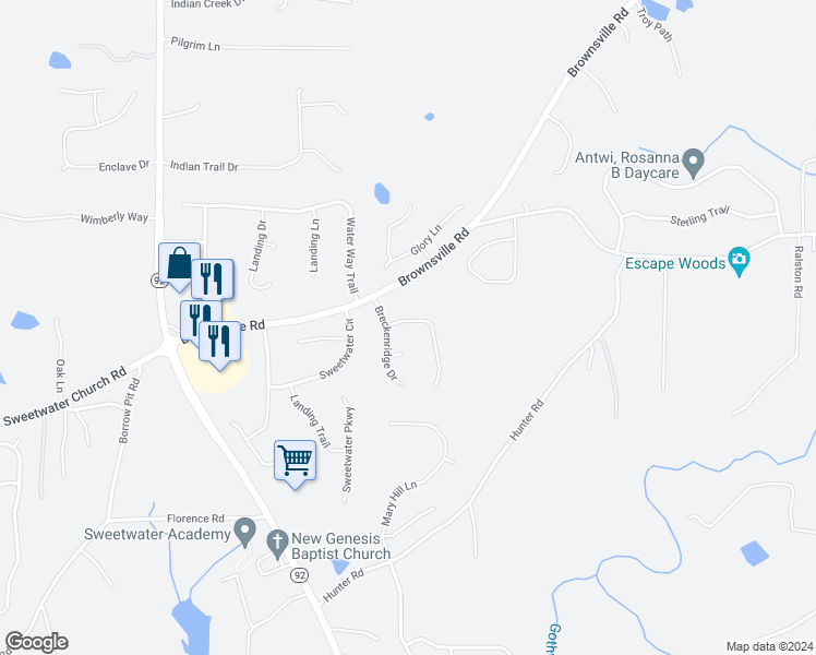 map of restaurants, bars, coffee shops, grocery stores, and more near 40 Breckenridge Lane in Powder Springs