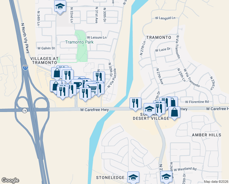 map of restaurants, bars, coffee shops, grocery stores, and more near 34979 North 30th Avenue in Phoenix