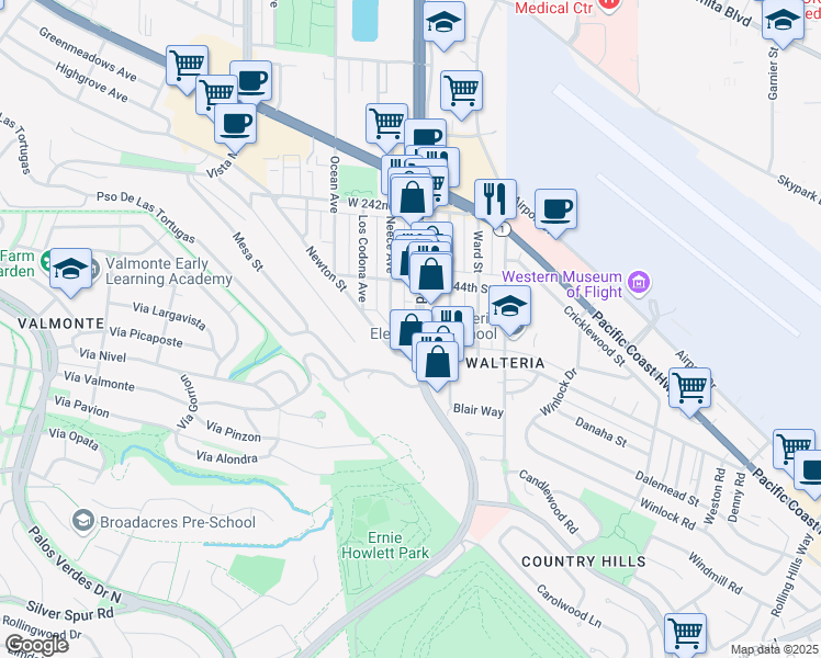 map of restaurants, bars, coffee shops, grocery stores, and more near 24421 Hawthorne Boulevard in Torrance