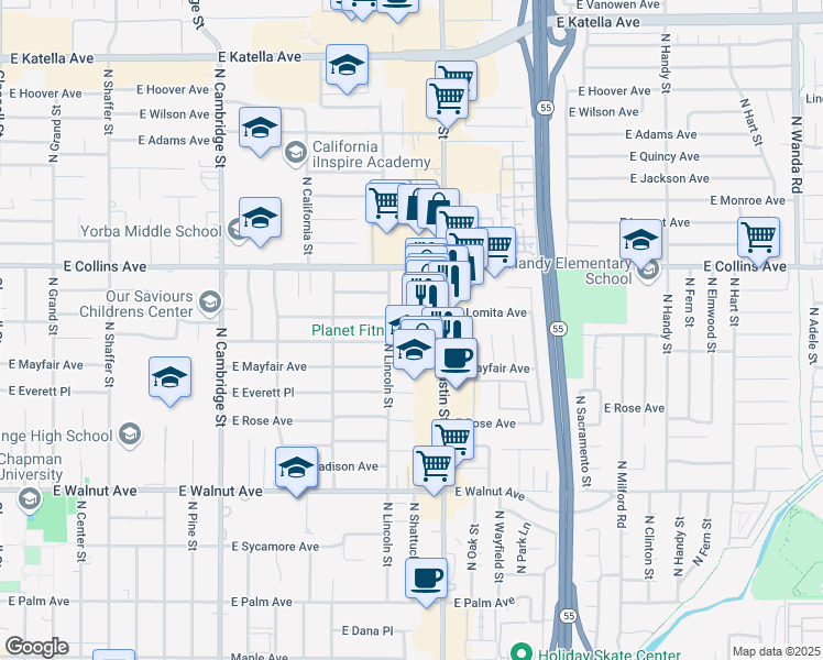 map of restaurants, bars, coffee shops, grocery stores, and more near 786 North Shattuck Place in Orange