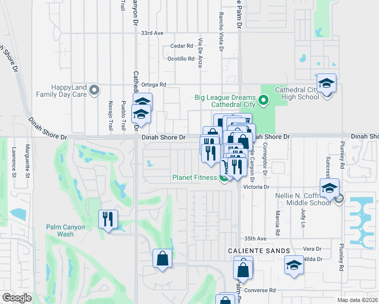 map of restaurants, bars, coffee shops, grocery stores, and more near 119 Mount Ararat Drive in Cathedral City