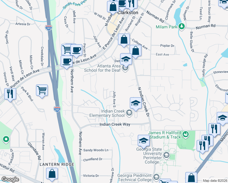 map of restaurants, bars, coffee shops, grocery stores, and more near 803 Jolly Avenue South in Clarkston
